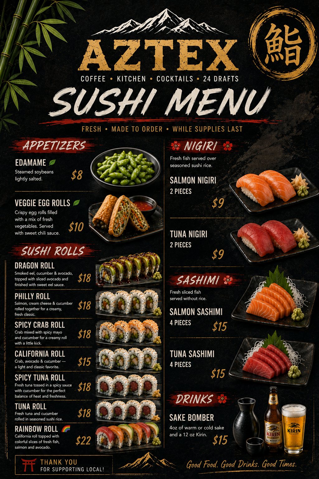 AZTEX sushi menu flyer.